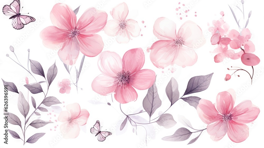  a bunch of flowers and butterflies on a white background with watercolor effect.  generative ai