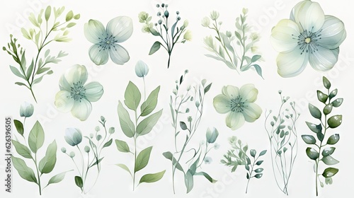  a bunch of flowers that are on a white background with green leaves.  generative ai © Shanti