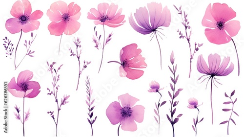  a bunch of flowers that are on a white background with pink and purple colors.  generative ai