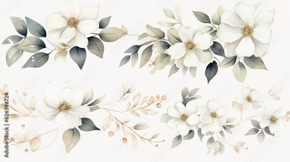  a set of white flowers with green leaves on a white background.  generative ai