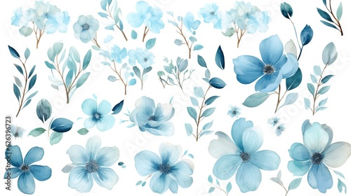  a set of blue flowers and leaves on a white background.  generative ai © Shanti