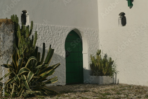 Grüne Tür an weißem Haus