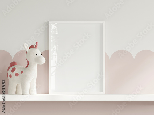 Frame mockup in cozy kids room interior, girl room poster mockup, 3d render
