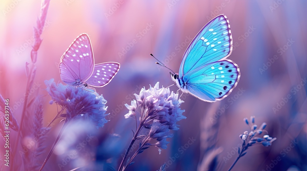 two blue butterflies flying over a purple flower in a field. generative ai two blue butterflies flying over a purple flower in a field. generative ai