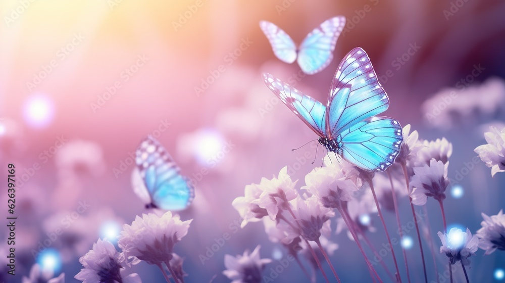  a group of blue butterflies flying over a field of white flowers.  generative ai