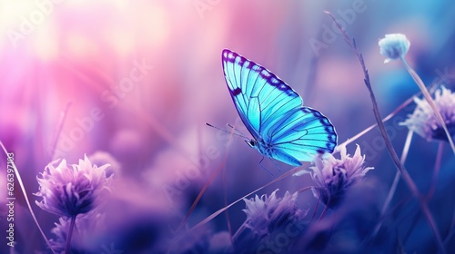  a blue butterfly sitting on top of a purple flower field. generative ai