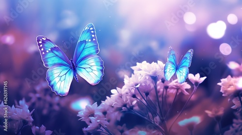  two blue butterflies flying over a field of white and pink flowers.  generative ai © Shanti