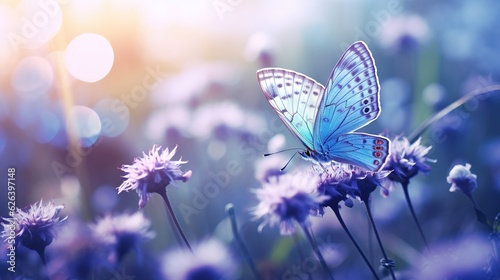  a blue butterfly sitting on a purple flower in a field.  generative ai © Shanti