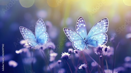  two blue butterflies flying over a field of white daisies. generative ai
