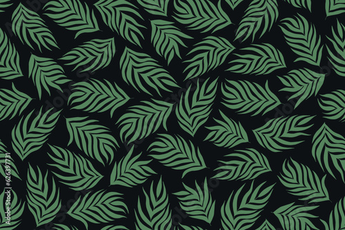 Seamless vector pattern with tropical palm leaves. Cute trendy floral green pattern. Green leaves on black background
