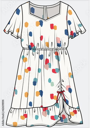 FLARED LEEVES SQUARE NECKLINE DRESS WITH ASYMETTRIC TIR UP FRILL DETAIL DESIGN FOR TEEN GIRLS AND KID GIRLS IN EDITABLE FILE