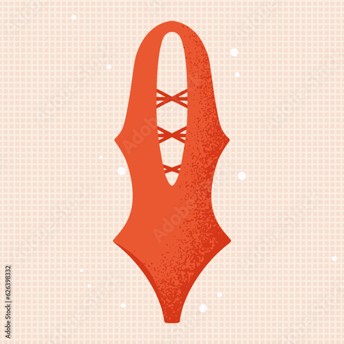Lifeguard Swimsuit. Red retro swimwear, neckline with crisscrossing thin ropes. Textured one piece 80s and 90s style. For beachgoers and woman, girl on beach, pool party, poolside. Vector illustration
