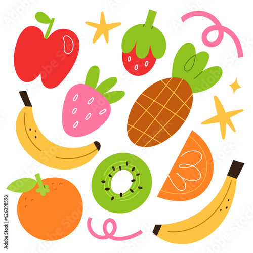 Fototapeta Naklejka Na Ścianę i Meble -  Bold fruit illustrations, pineapple, banana and strawberry, orange fruit. Simple vector illustrations isolated on white background, icon set