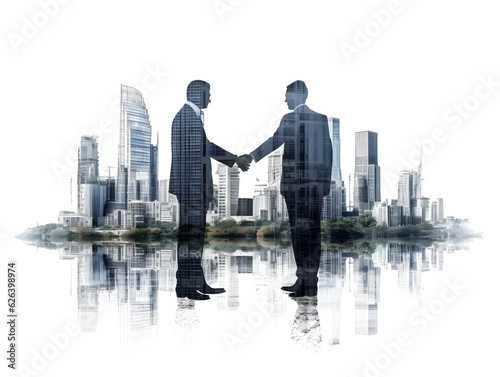 Businessmen handshake with city in the background