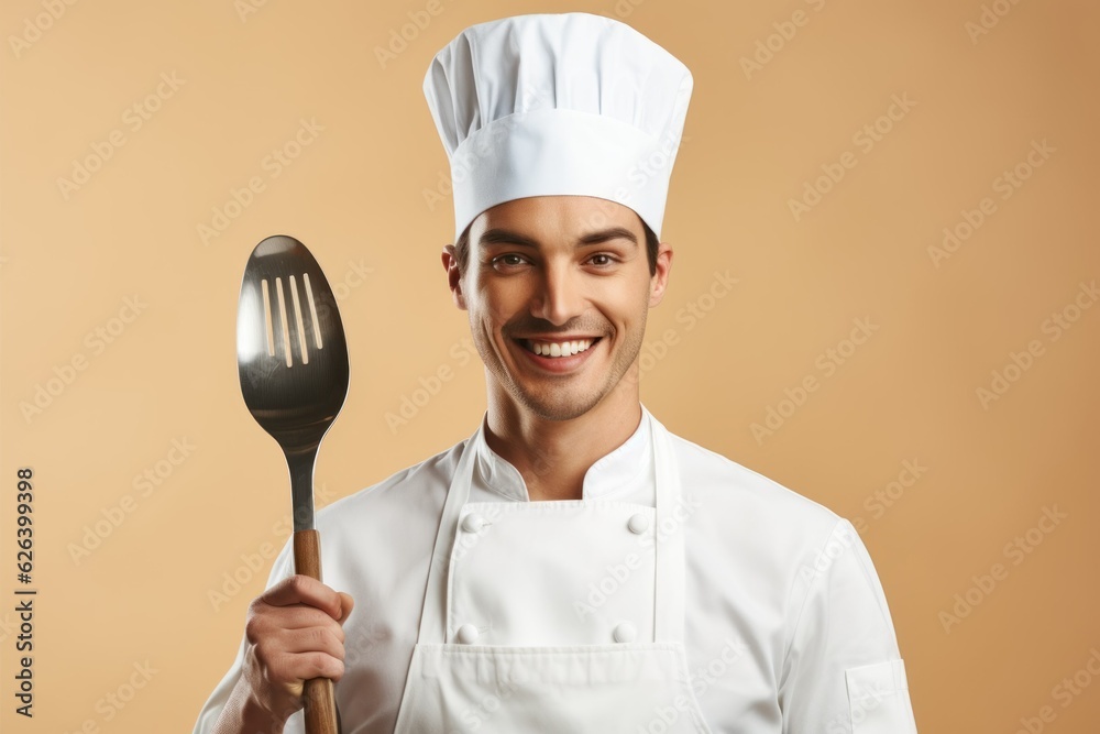 Portrait of a fictional smiling chef holding a spoon. Isolated on a plain colored background. Generative AI. Portrait of a fictional smiling chef holding a spoon. Isolated on a plain colored background. Generative AI.