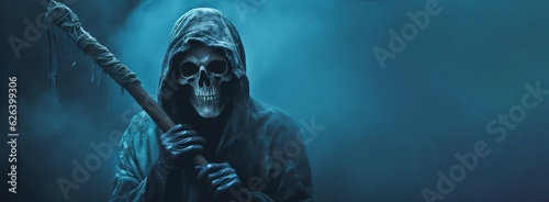 Death in black cloak. Death in black clothes with black hood. Halloween concept. Scary ghost. Generative AI