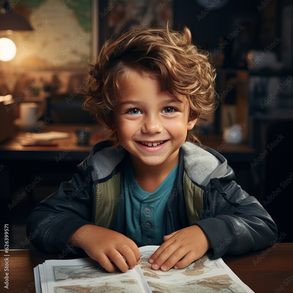 Happy schoolboy reading a book at a desk in a classroom. Cheerful Caucasian boy doing homework behind a table in class. Smiling young kid doing schoolwork. Happy schoolboy reading a book at a desk in a classroom. Cheerful Caucasian boy doing homework behind a table in class. Smiling young kid doing schoolwork.