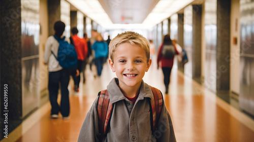 Happy boy walking in a crowded school corridor with a backpack. Cheerful kid walking around the school on recess in the middle of a school day. Smiling scholar in a busy academy corridor.
