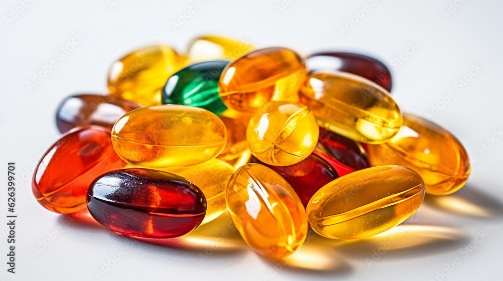 Heap of multicolored softgel pills on white background. Heap of multicolored softgel pills on white background.