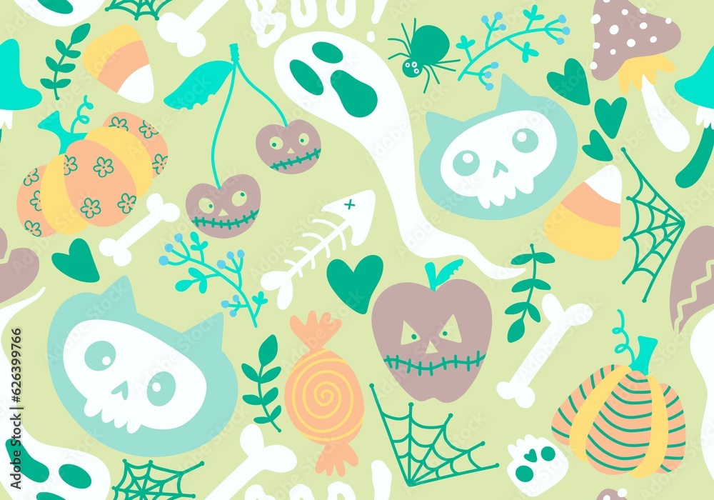 Cartoon Halloween cats seamless pumpkins and skulls and ghost and mushrooms pattern for wrapping paper Cartoon Halloween cats seamless pumpkins and skulls and ghost and mushrooms pattern for wrapping paper