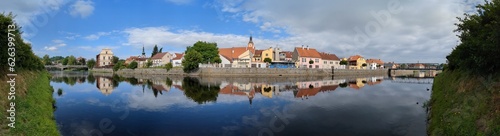 Susice city center panorama view of town hall and historical houses from Otava river side, Sumava region,Czech republic panorama landscape view