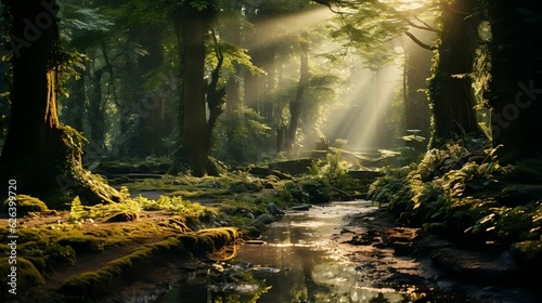 Sunlit forest with rays filtering through leaves