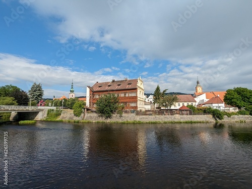 Susice city center panorama view of town hall and historical houses from Otava river side, Sumava region,Czech republic panorama landscape view