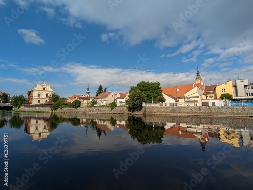 Susice city center panorama view of town hall and historical houses from Otava river side, Sumava region,Czech republic panorama landscape view photo