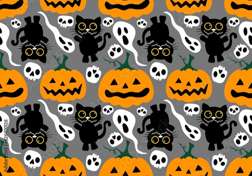 Halloween autumn harvest season pumpkins and cat pattern for wrapping paper and kids clothes print and festive