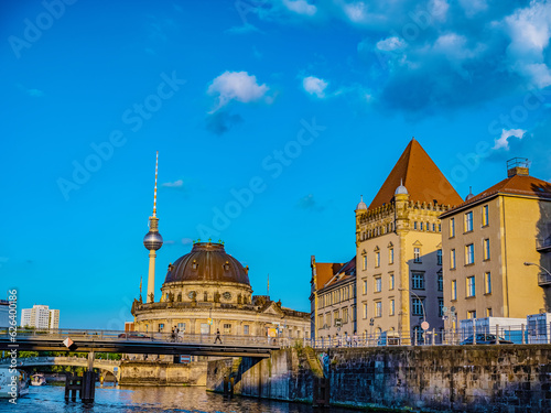 downtown Berlin, view from river Spree at sunset