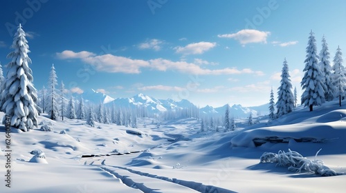 Pristine snowscape with pine trees and blue sky