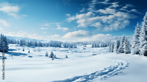 Pristine snowscape with pine trees and blue sky