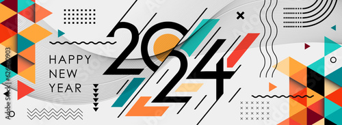 new year 2024 banner design with modern geometric abstract background in retro style. happy new year greeting card cover for 2024 calligraphy typography with colorful shapes. Vector illustration