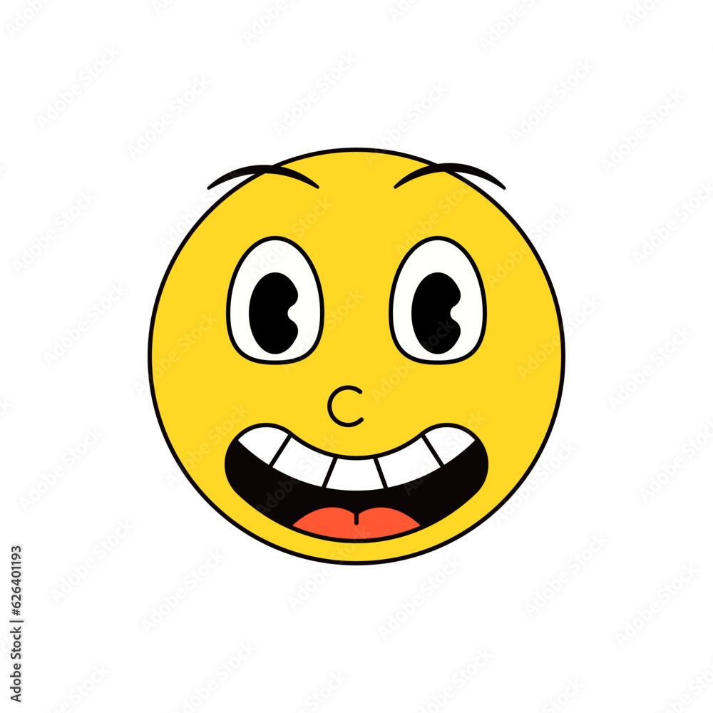 Fototapeta premium Vintage retro positive with good humor, happy and smiling with open mouth. Smiley emoji vector icon