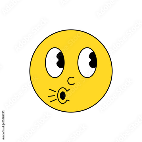 Retro Vintage Emoticon Whistling in Admiration, Exhaling in Relief, or Denying Guilt. Mischievous Smiley Vector. Editable Emoji Illustration photo