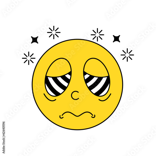 Retro vintage emoticon displaying dizziness and confusion. Stunned and disoriented smiley vector. Editable emoji illustration