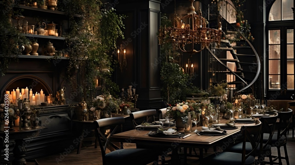 Sophisticated restaurant; beautiful tables, subtle lighting, elegance