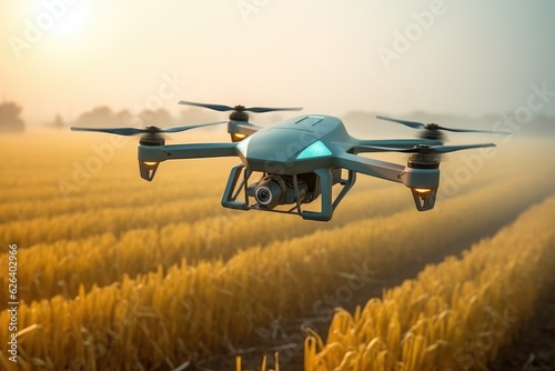 A drone flies over the field, the concept of modern agro-industry.
