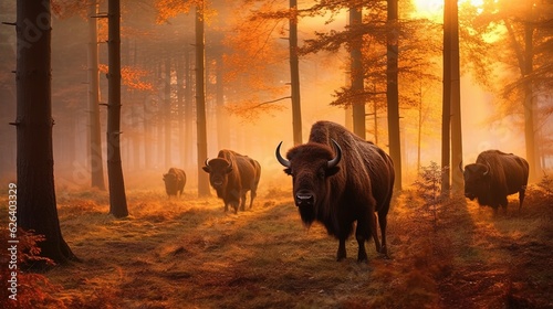 Golden Dawn in the Wilderness: A High-Resolution, Detailed Capture of a Majestic Bison Herd Grazing in the Polish Forest, Illuminated by the Warm Hues of Sunrise, Amidst of the Misty Woods