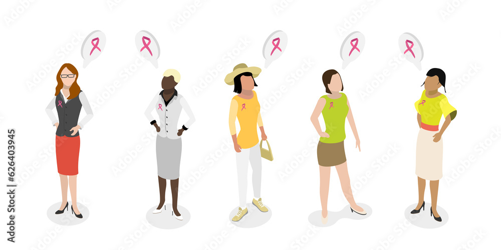 3D Isometric Flat  Conceptual Illustration of Women with Pink Support Ribbons