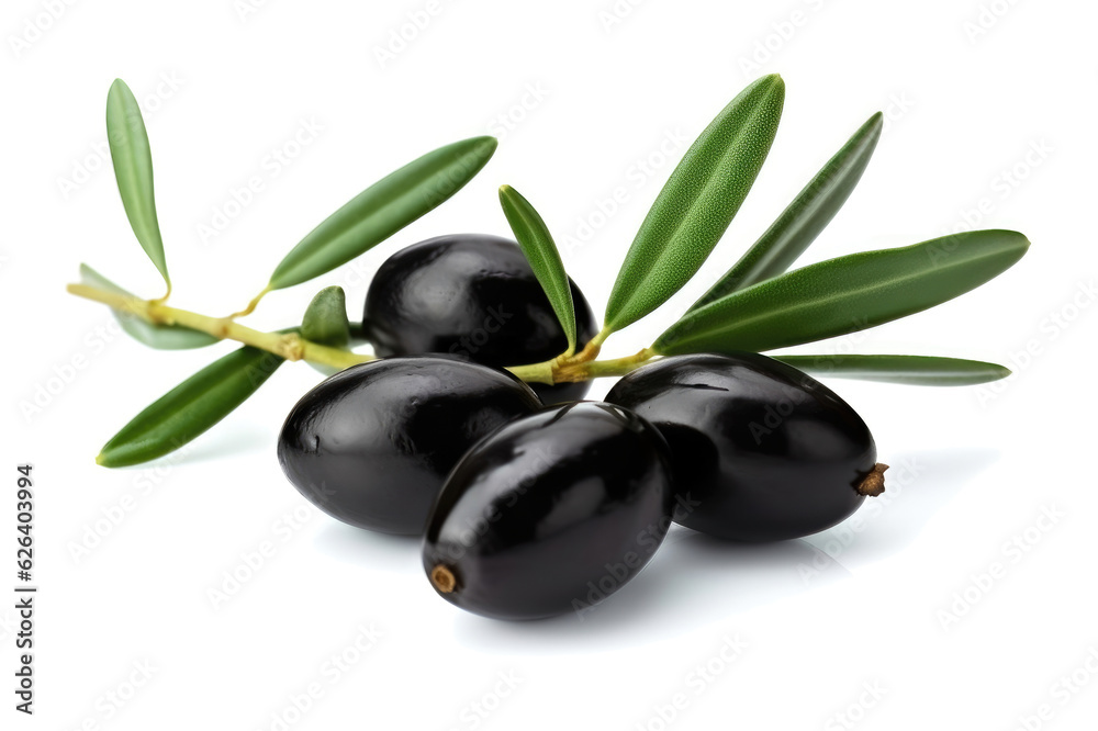 Black olives isolated on white: our Pitted Black Olives, Paired with Fresh Olive Leaves, Beautifully Isolated on a Pristine White Background. Generative AI. Black olives isolated on white: our Pitted Black Olives, Paired with Fresh Olive Leaves, Beautifully Isolated on a Pristine White Background. Generative AI.