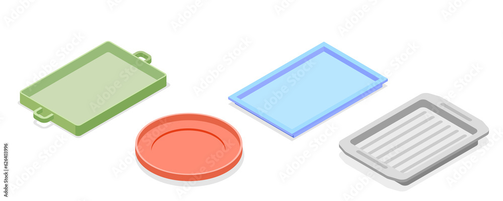 3D Isometric Flat Set of Empty Serving Trays 3D Isometric Flat Set of Empty Serving Trays