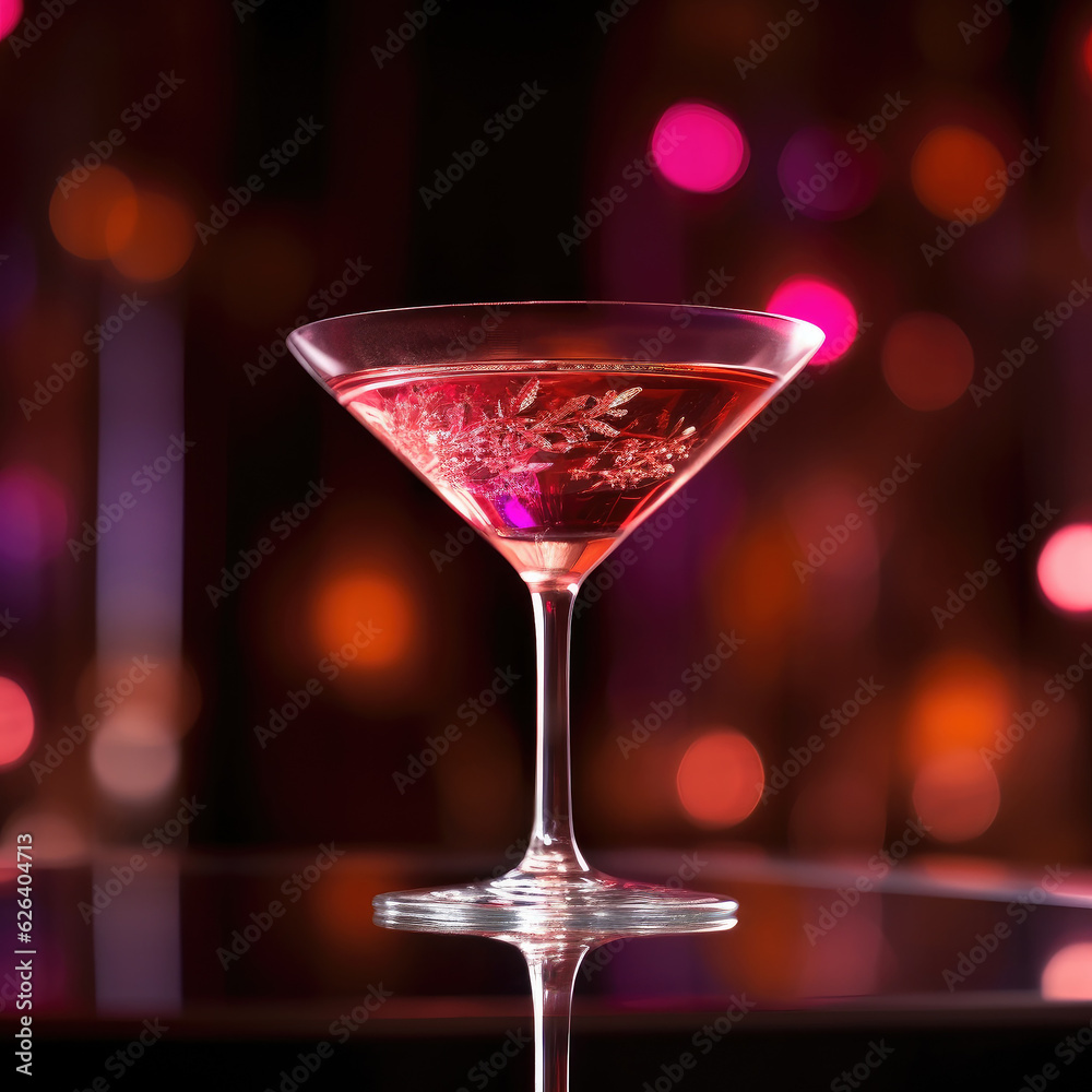 Single red cocktail in old-fashioned etched martini glass with dramatic red bokeh bar background 