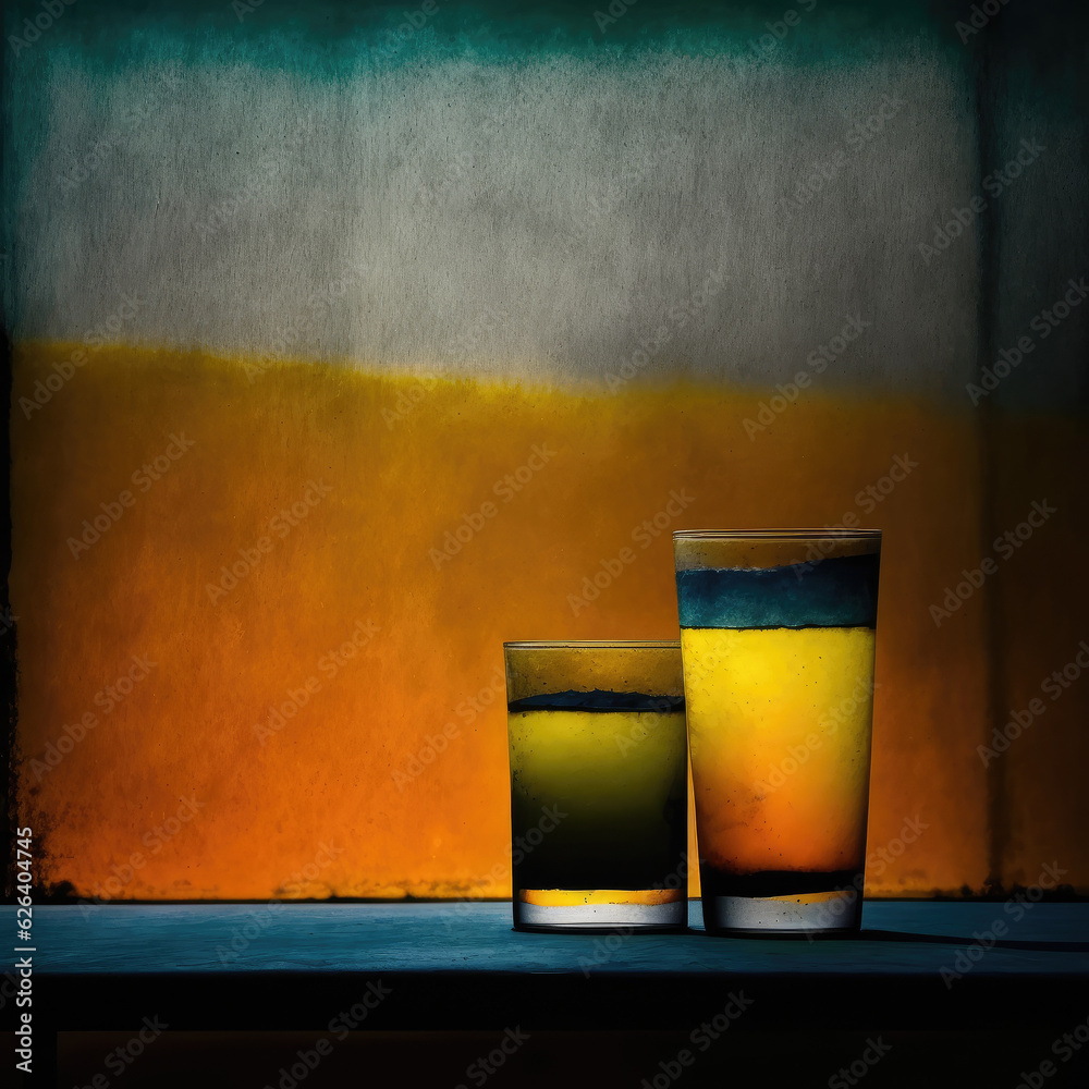 Abstract color block painting of two yellow and green cocktails with blue and orange textured sunset background