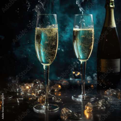 Pair of Champagne glasses and bottle on a dramatic blue evening background