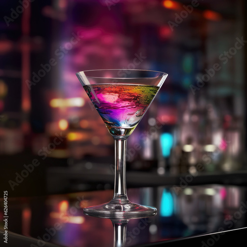 Single multi-colored cocktail in martini glass with dramatic pink and blue bar background 