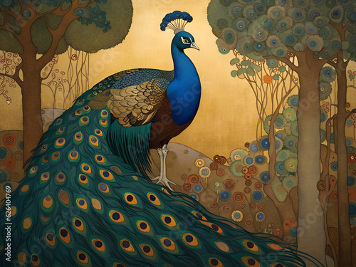 Decorative art nouveau illustration of a peacock in profile in an ornate floral forest background