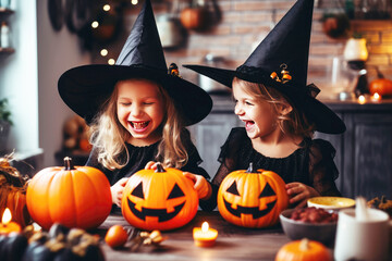 Witchy faces: happy kids at a halloween pumpkin party