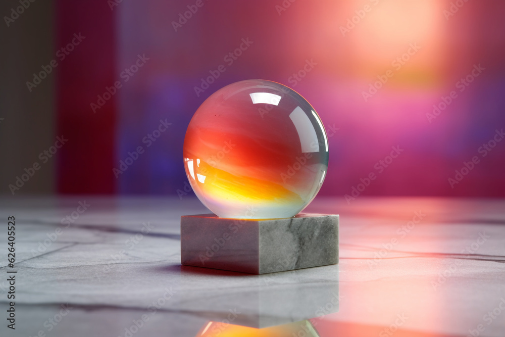 Spectral Harmony: Orange-Pink Glass Sphere Atop Marble, GenerativeAI Spectral Harmony: Orange-Pink Glass Sphere Atop Marble, GenerativeAI