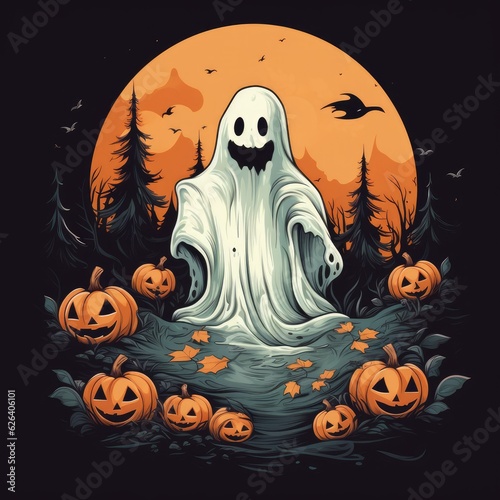 Halloween background with pumpkins, ghost and bats.
Greatings card halloween party fliyer invintation.
AI generated illustration